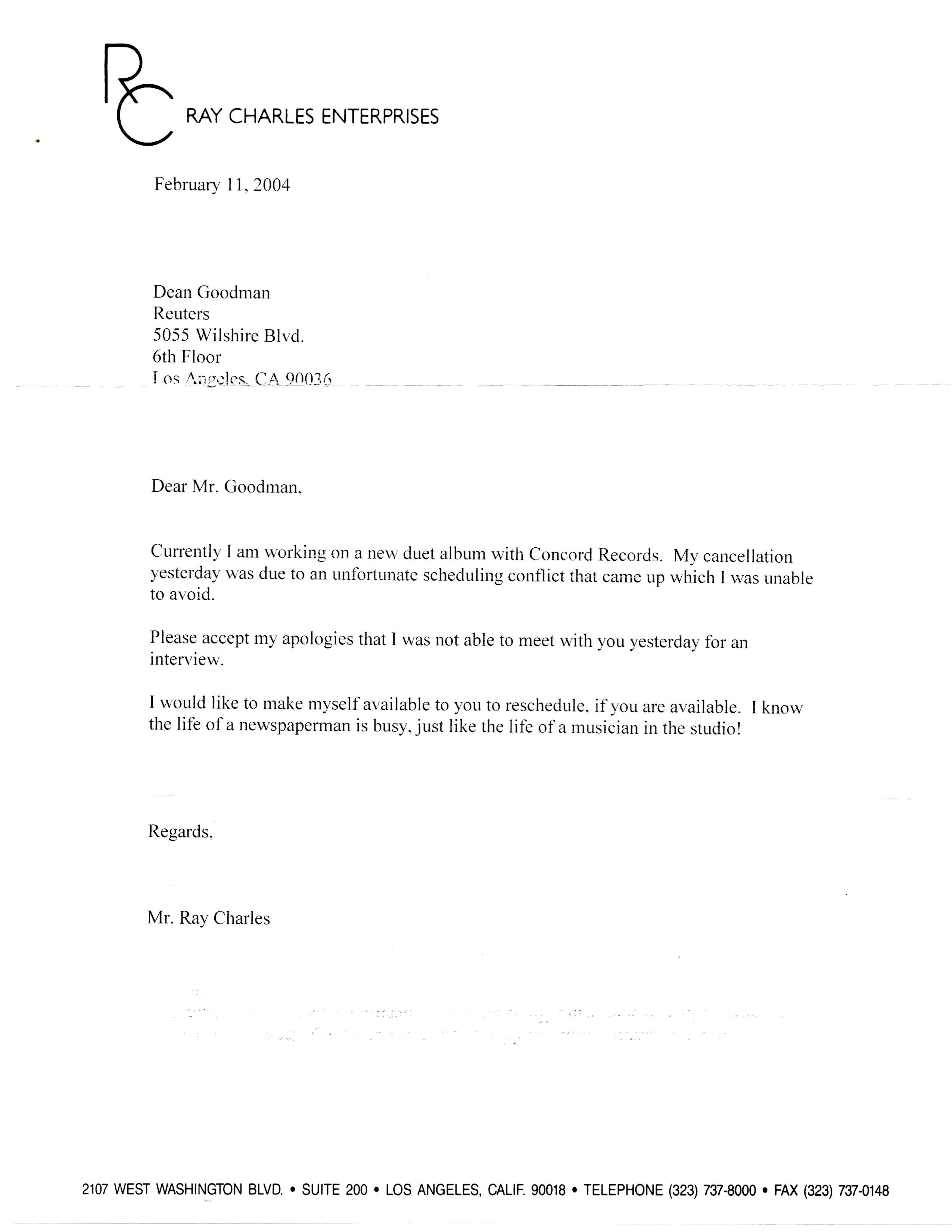 Letter from Mr. Ray Charles